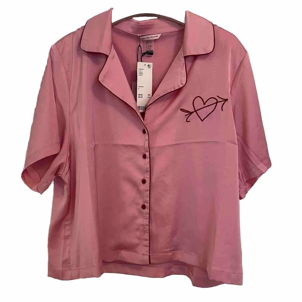 Out From Under x Wild Lovers Pink Pajama Shirt Button Down Heart Satin Large - Picture 3 of 14